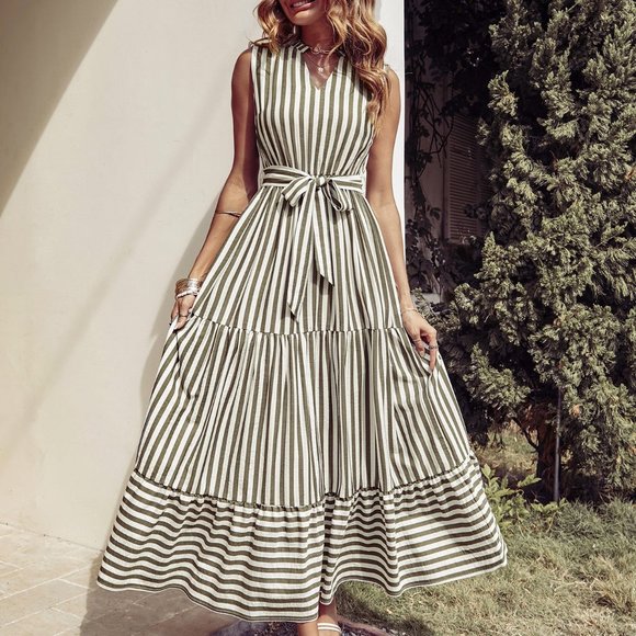 New Striped Notched Neck Ruffle Hem Belted Dress - Picture 1 of 5